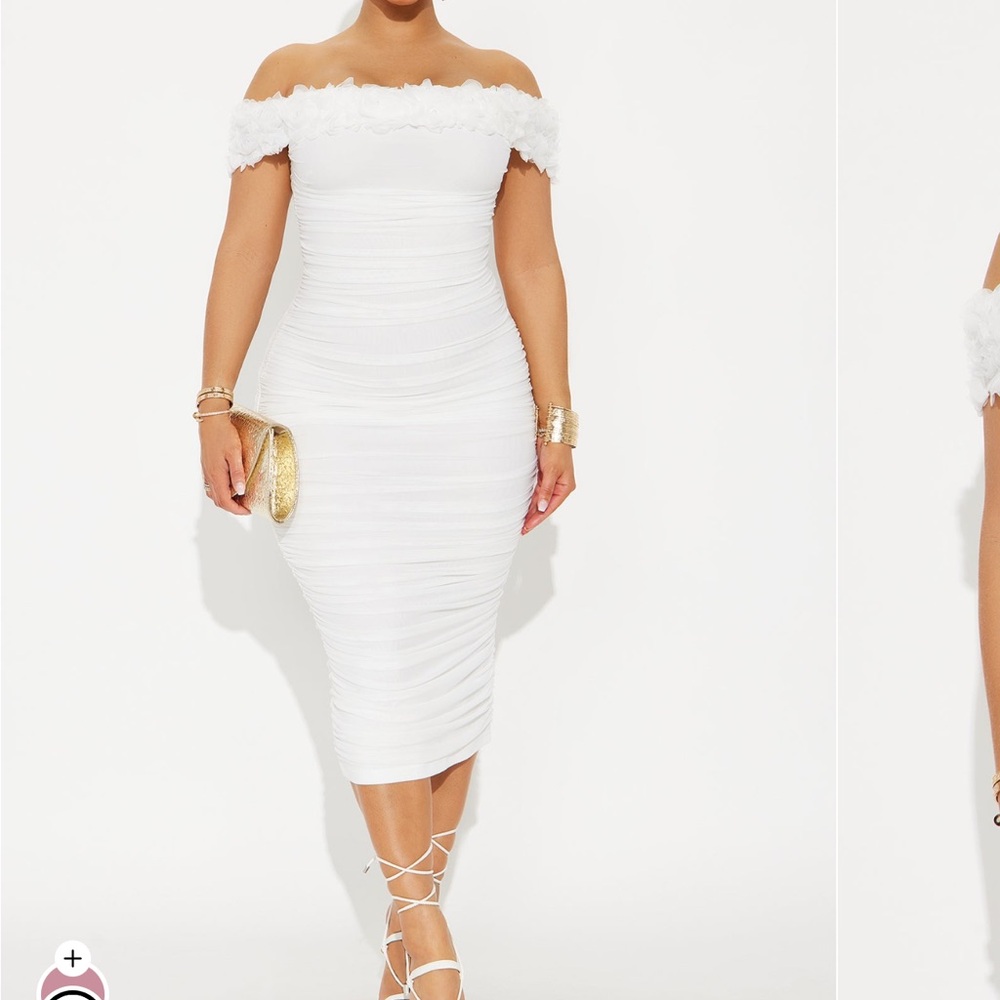 White Ruched Mesh Midi Dress